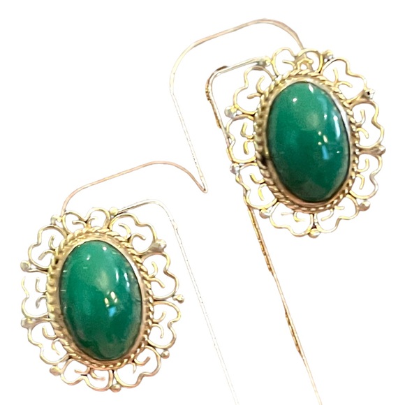 Vintage 925 Sterling silver Mexico filagree fancy oval Green Agate earrings - Picture 1 of 7
